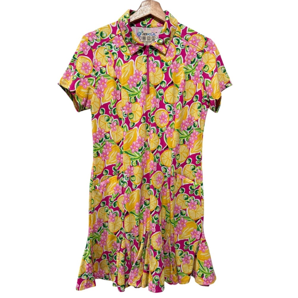 IBKUL Floral Lemon UPF 50 Golf Dress Sz M Pink Yellow 1/4 Zip Performance Ruffle
